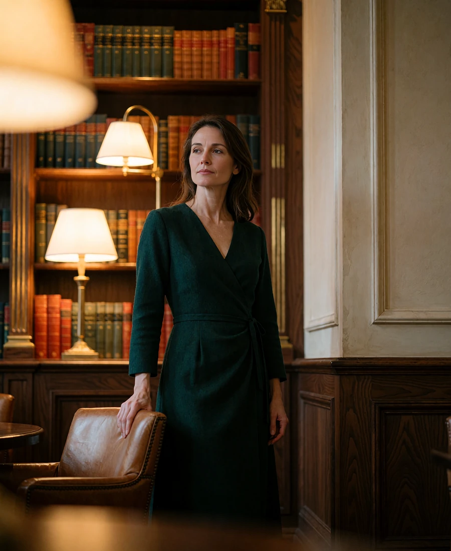 Poised woman in a dark green wrap dress standing beside bookshelves in a private club library