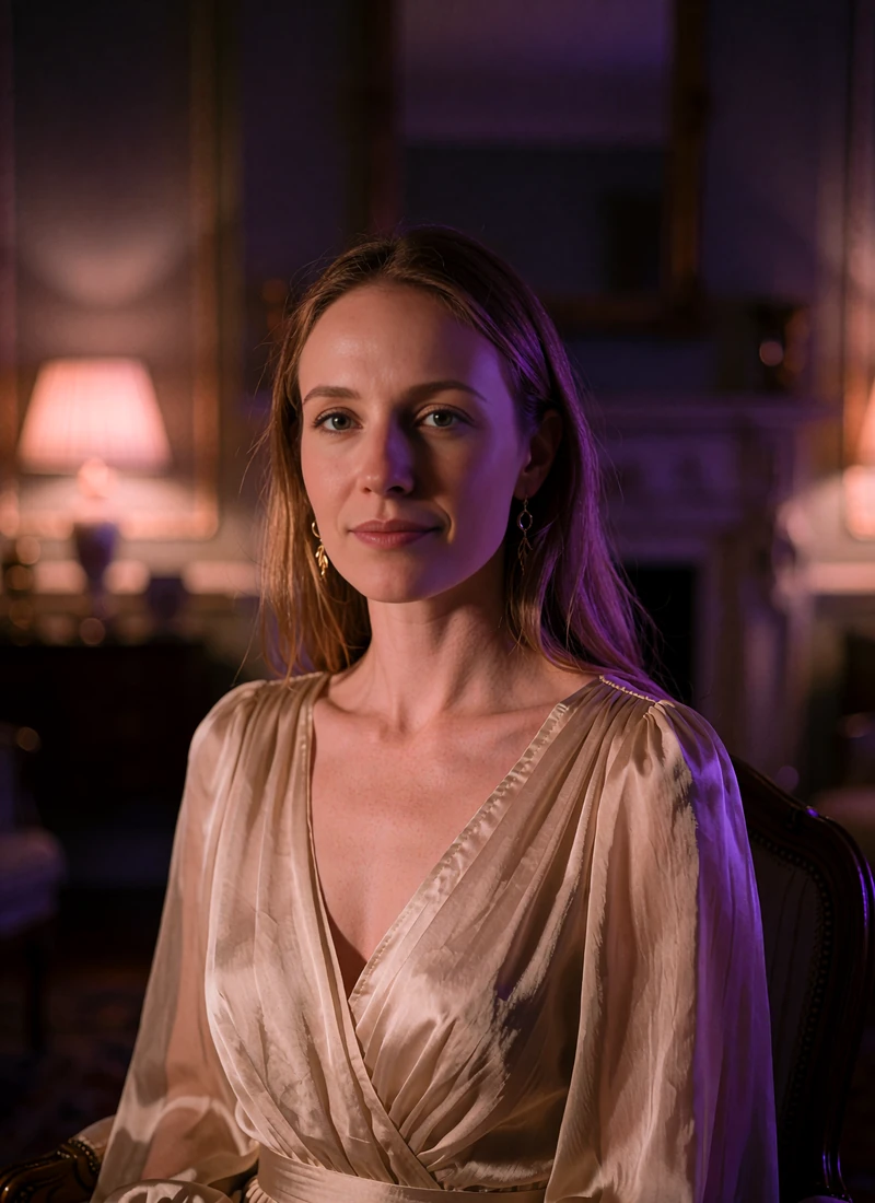 Woman with long light-brown hair in a champagne chiffon gown standing in a formal Houston drawing room