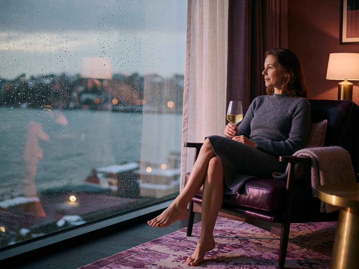 Woman in a slate-grey knit dress relaxing in a high-floor Seattle hotel lounge beside a rain-streaked window overlooking the city