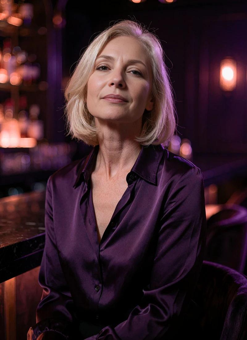 Poised blonde woman in her late forties in a violet satin blouse seated at a hotel bar with a knowing expression
