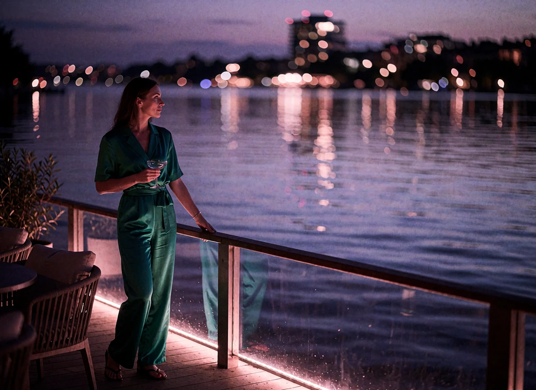 Woman in an emerald silk jumpsuit standing at a lakefront lounge railing at night with reflected city lights on the water