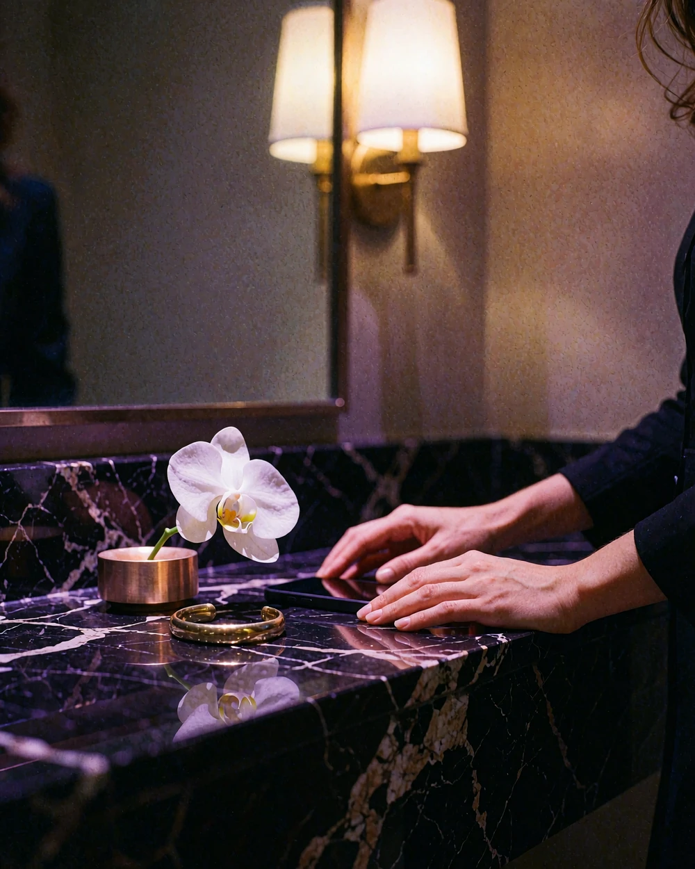 Manicured hands placing a phone face down on a black marble console beside a gold bracelet and an orchid stem
