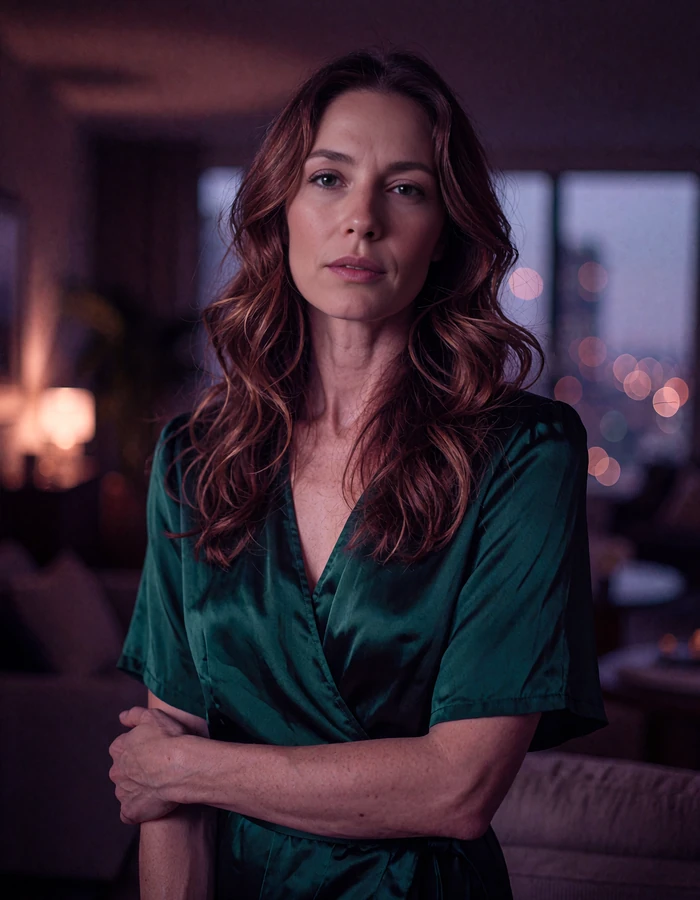 Woman with long chestnut waves in an emerald silk wrap dress standing in a darkened penthouse interior above city lights