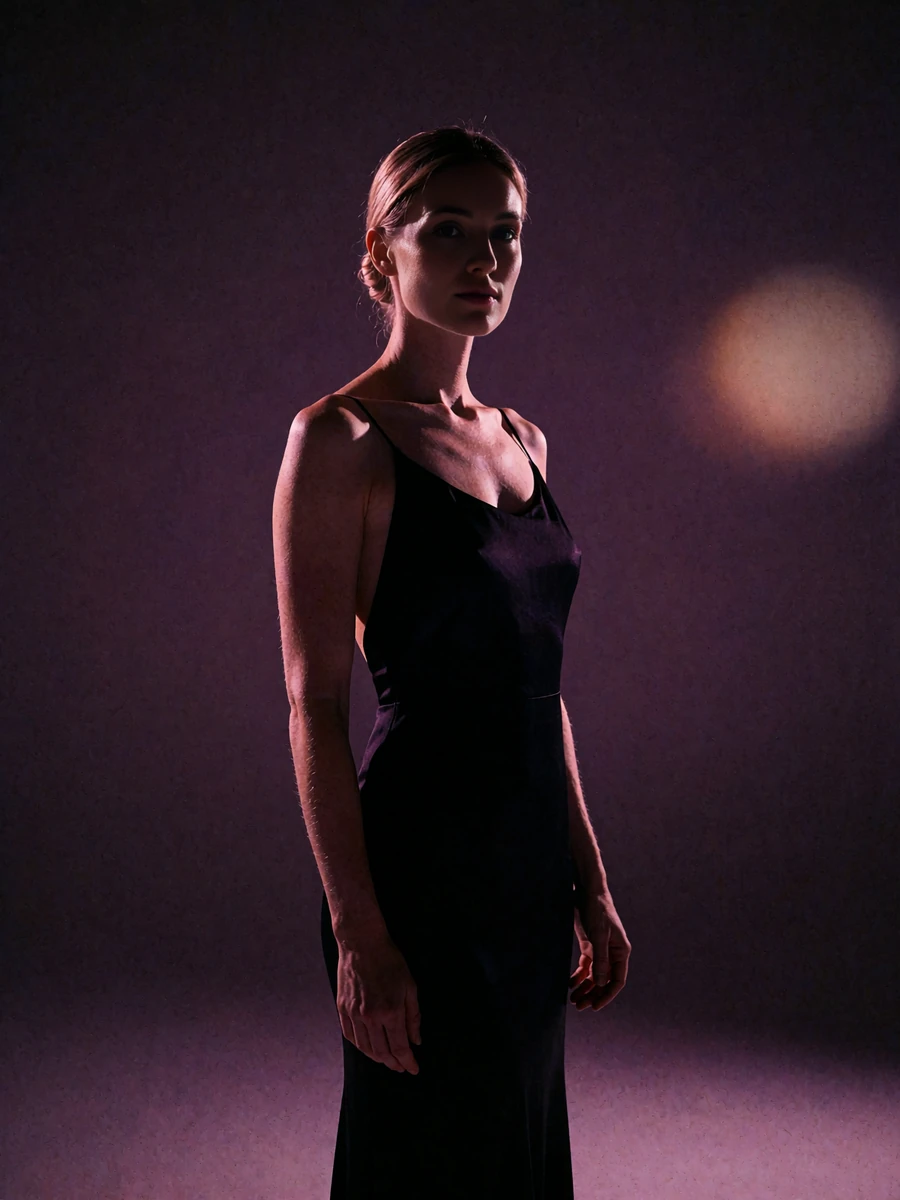 Woman with a low chignon in a simple black evening gown, glancing toward the camera in three-quarter profile