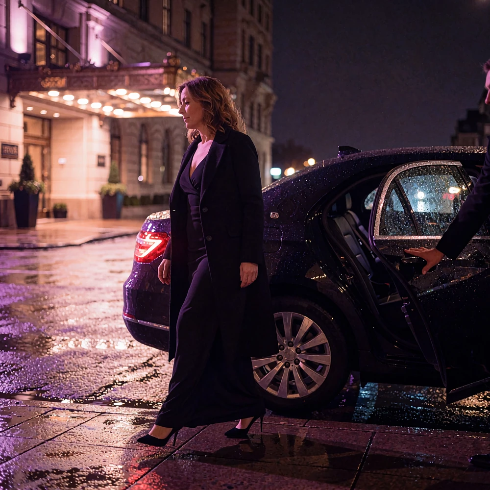 Woman in a long dark evening dress stepping from a chauffeured sedan onto a rain-slick city sidewalk at night
