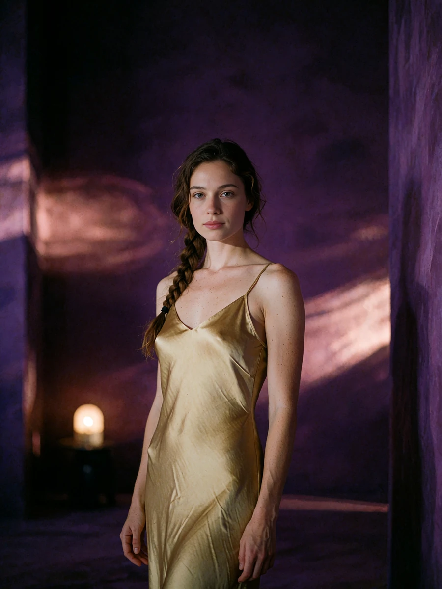 Woman with long braided hair in a muted gold satin slip dress standing in a soft-focus violet interior in Atlanta