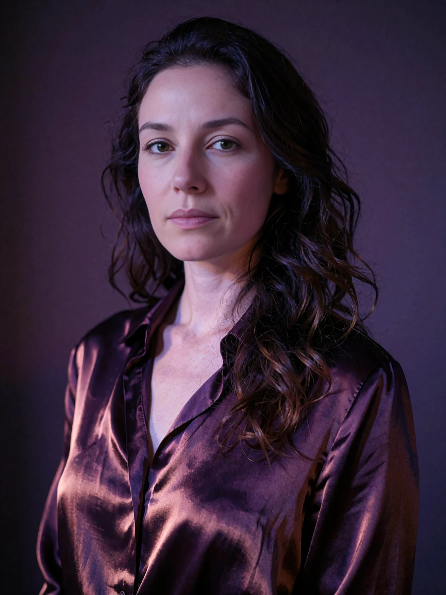 Woman with long dark wavy hair in a deep aubergine satin blouse standing against a dark violet interior wall