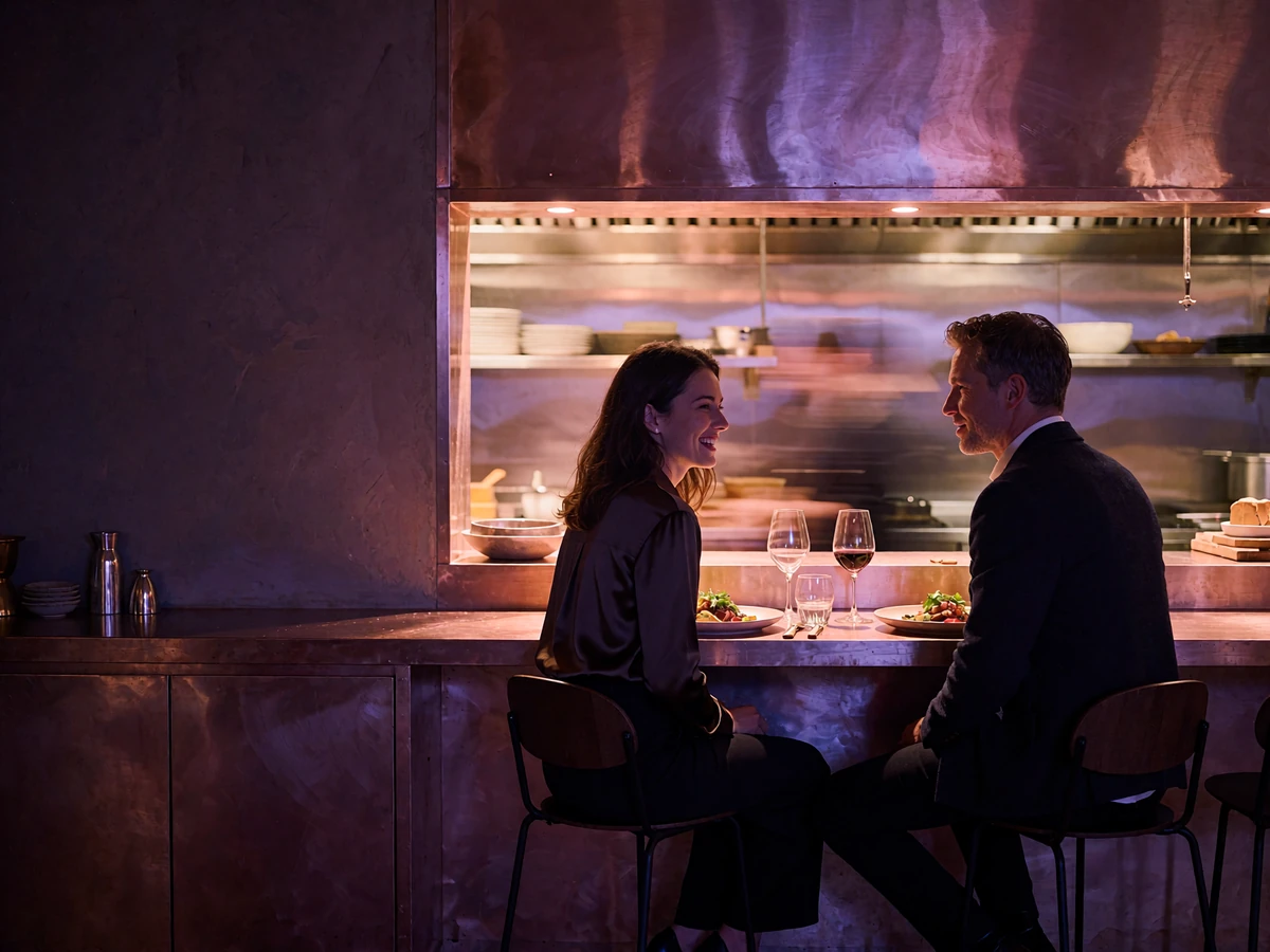 Couple seated at a narrow chef's-counter dinner in Columbus with an open kitchen glowing behind them