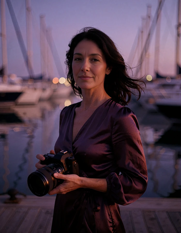 Woman with dark shoulder-length hair in a plum wrap dress on a marina boardwalk at dusk