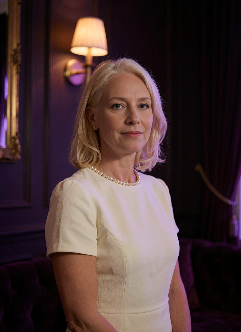 Woman with shoulder-length blonde hair in an ivory crepe dress inside a private Highland Park club interior