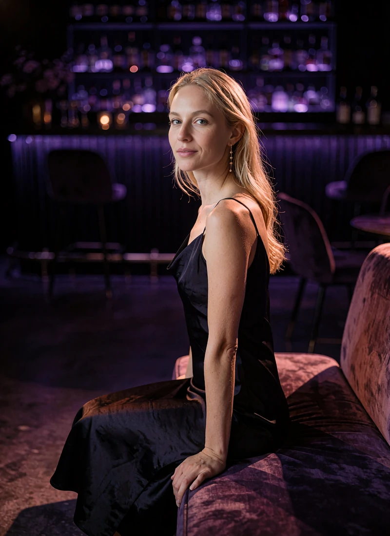Blonde woman in a dark silk column dress seated sideways on a low velvet bench in a shadowed cocktail bar