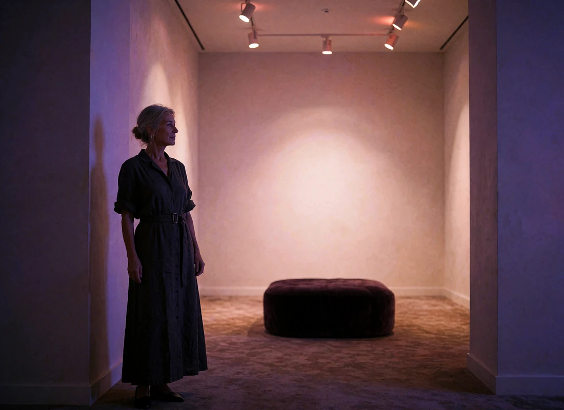 Elegant woman in a charcoal dress holding a glass of wine in a softly lit Houston gallery lounge