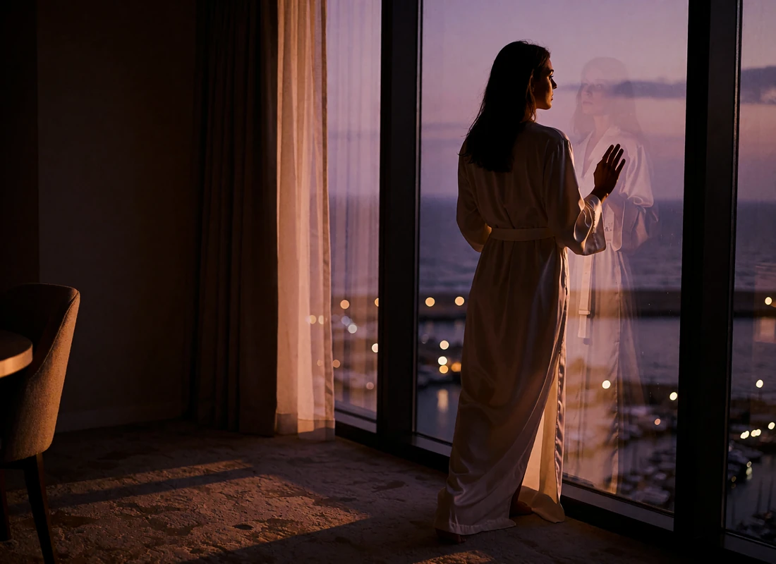 Woman in an ivory robe standing in silhouette at the window of a darkened coastal hotel suite overlooking the harbor
