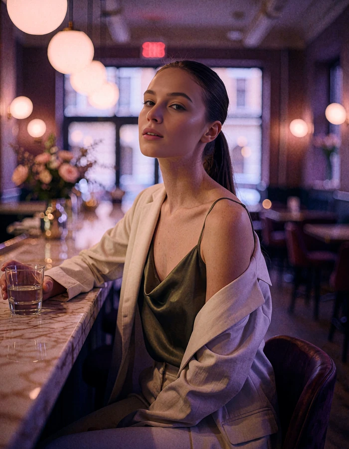 Woman with a sleek dark ponytail in an olive silk camisole seated at a marble bar counter