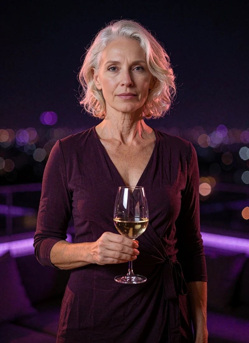Sophisticated silver-blonde woman in her early fifties in a plum wrap dress on a night terrace holding a wine glass