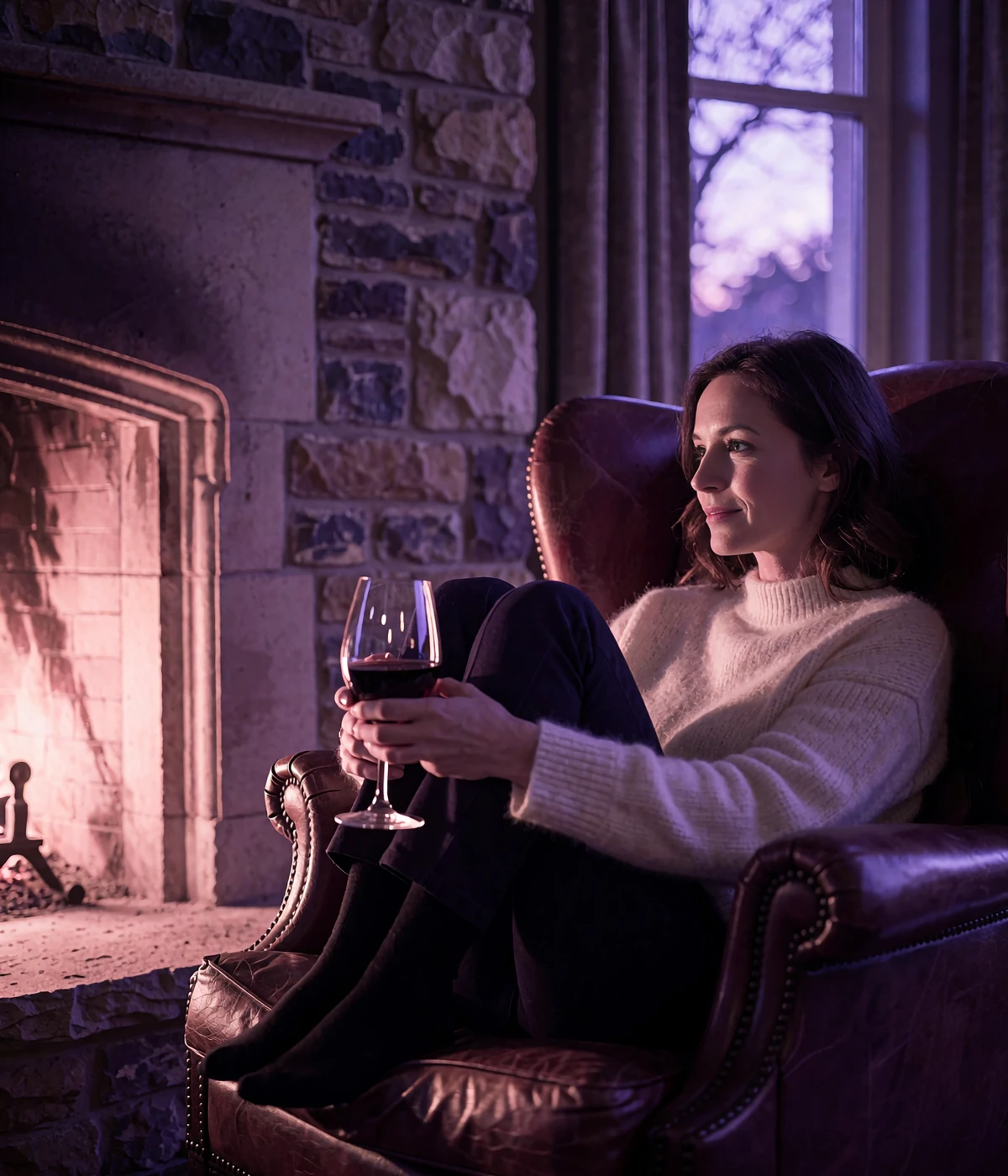 Woman in an ivory knit sweater relaxing with a glass of wine beside a stone fireplace in a Denver mountain lodge
