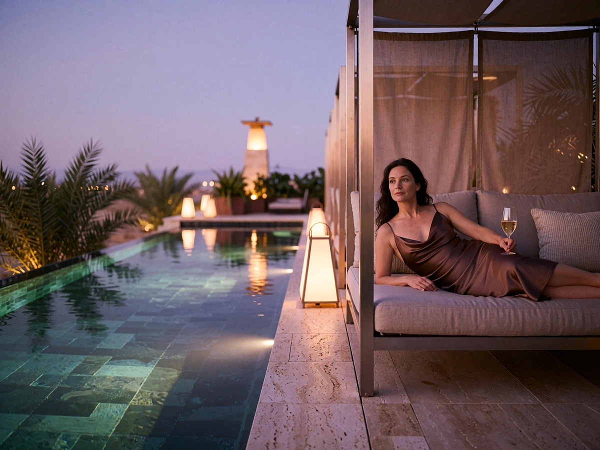 Woman reclining on a cabana daybed beside a rooftop resort pool in Phoenix at dusk with palm trees and city lights beyond