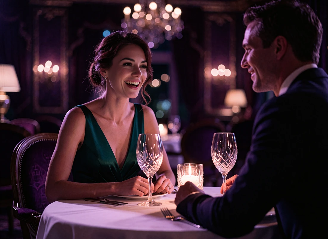 Couple sharing a candlelit dinner at a round table in an opulent Las Vegas hotel restaurant