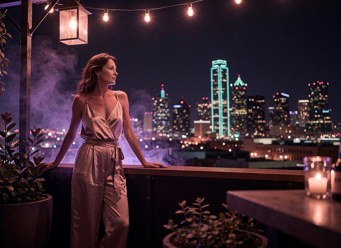 Poised woman in a satin jumpsuit standing at a rooftop bar rail overlooking the glowing Dallas skyline
