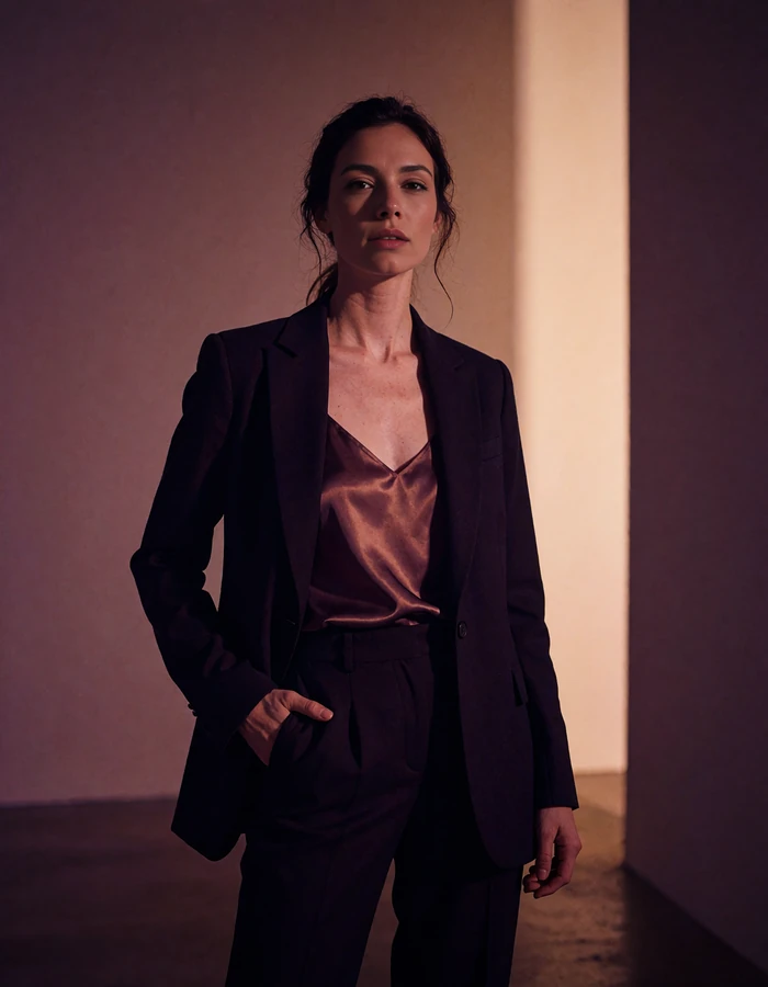 Woman with dark hair tied back in a tailored black blazer standing in a shadowed gallery-like space