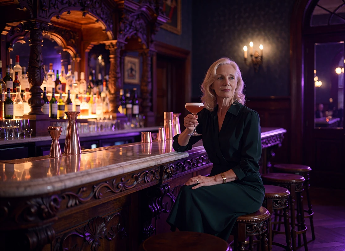 Elegant woman in a dark green dress holding a cocktail at a historic carved wooden hotel bar