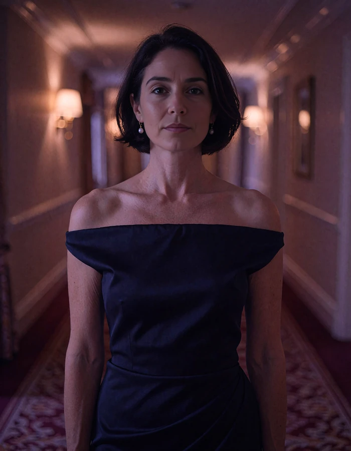 Woman with a short dark bob in a navy off-shoulder dress standing in a low-lit hotel corridor