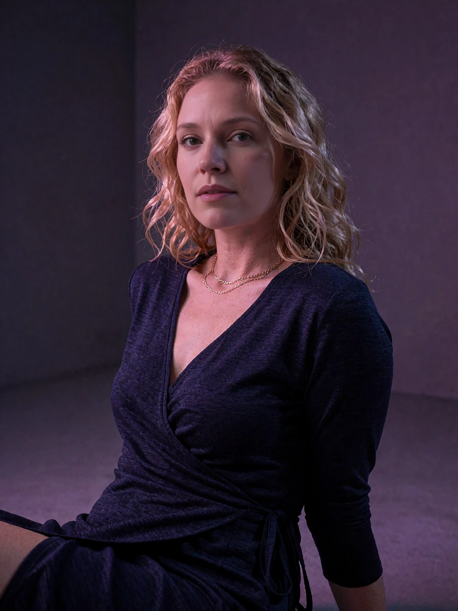 Woman with wavy golden-blonde hair in a midnight-blue wrap dress seated with her face turned toward the camera