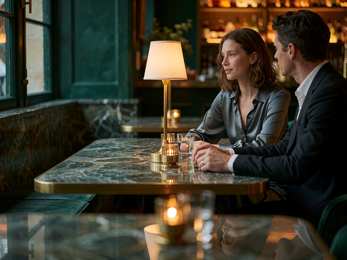 Woman in a slate-grey silk dress in quiet conversation with a man at a marble table in a hotel bar