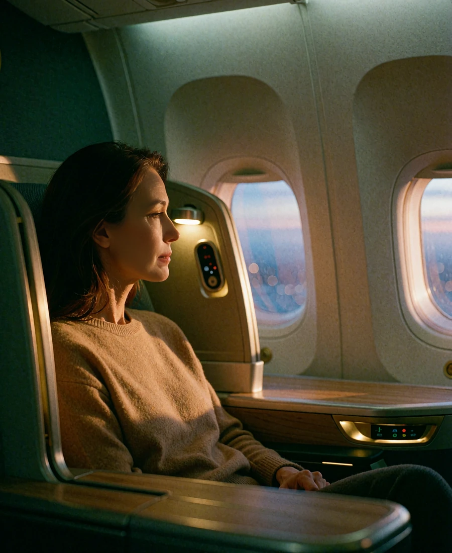 Woman in a camel cashmere sweater looking out the window of a business-class airline cabin at dusk