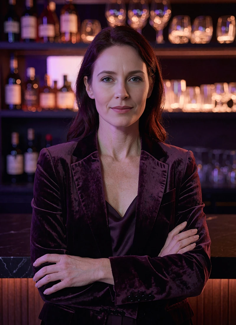 Woman with sleek dark auburn hair in a deep plum velvet blazer standing in a warm-lit restaurant bar setting