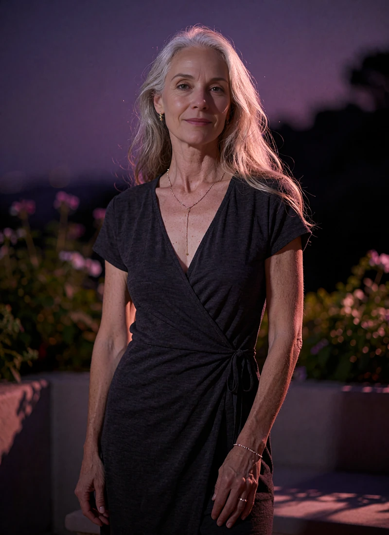 Graceful woman in her late forties with silver-streaked hair wearing a charcoal wrap dress standing on a private terrace at dusk