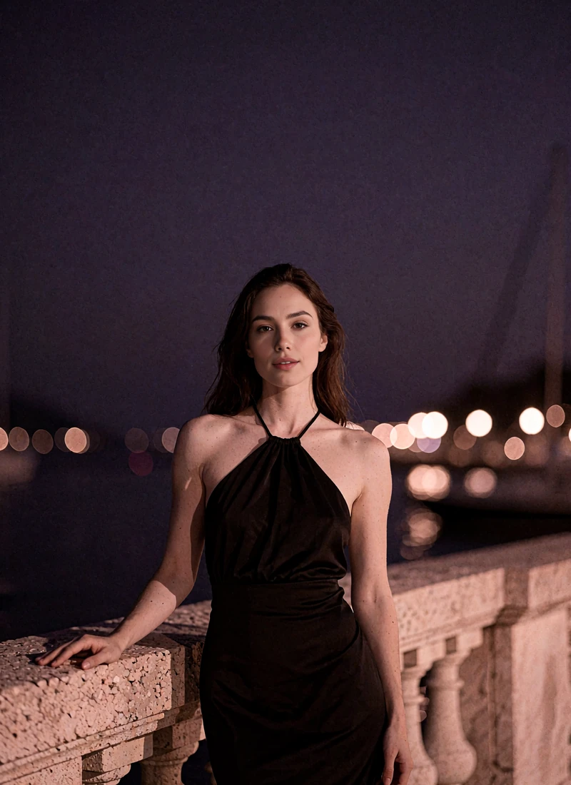 Woman with long dark hair in a black halter dress beside a stone balustrade overlooking San Diego harbor at night