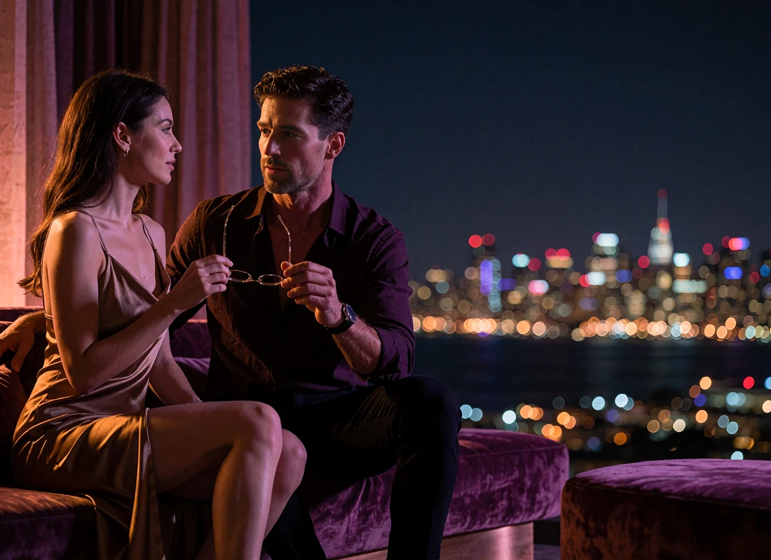 Woman in a bronze dress and her companion seated on velvet lounge seating at a high Brickell rooftop bar with the bay skyline glowing behind them