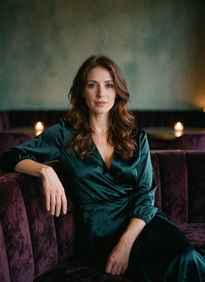 Woman in her mid twenties with wavy chestnut hair in an emerald satin dress on a velvet banquette