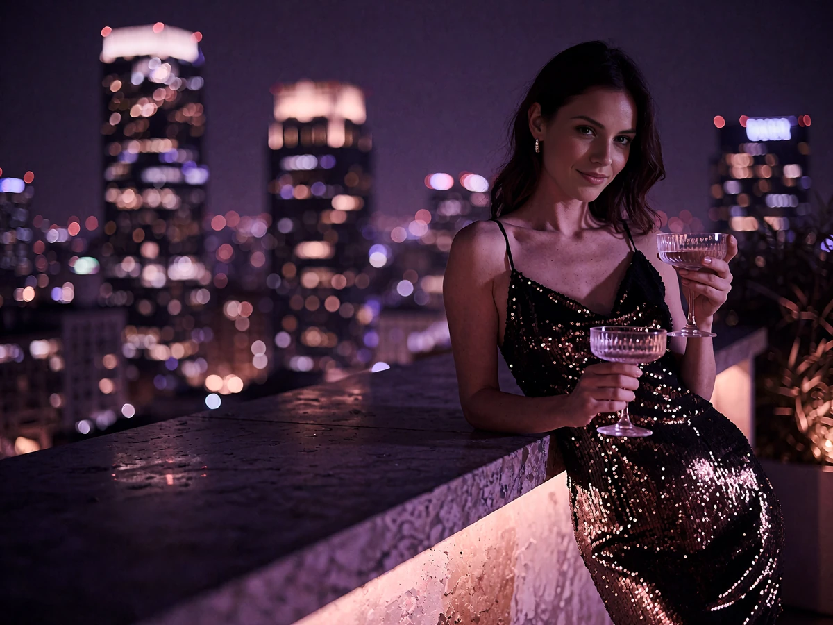 Woman in a shimmering bronze cocktail dress leaning on a rooftop bar counter above the illuminated Houston skyline