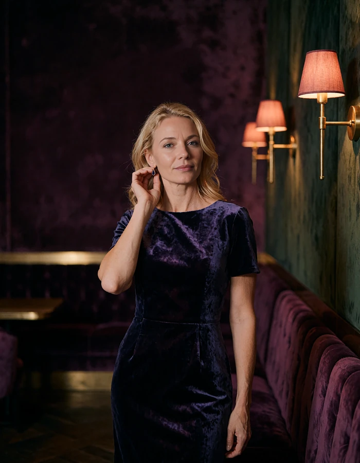 Blonde woman in a midnight-blue velvet cocktail dress standing in a dim lounge corridor with brass sconces