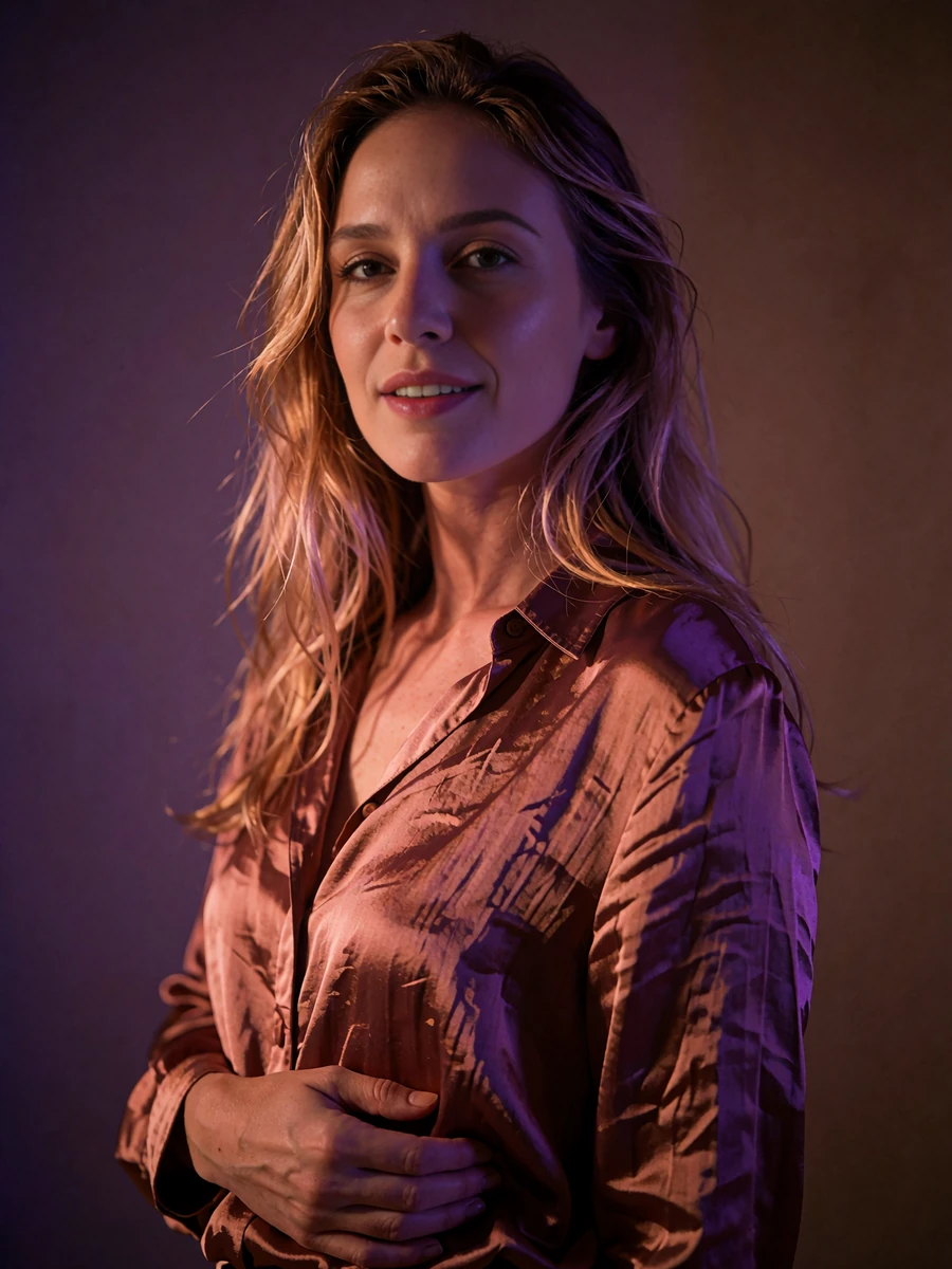 Woman with long honey-blonde hair in a rust silk blouse smiling with direct eye contact against a dim violet-toned wall