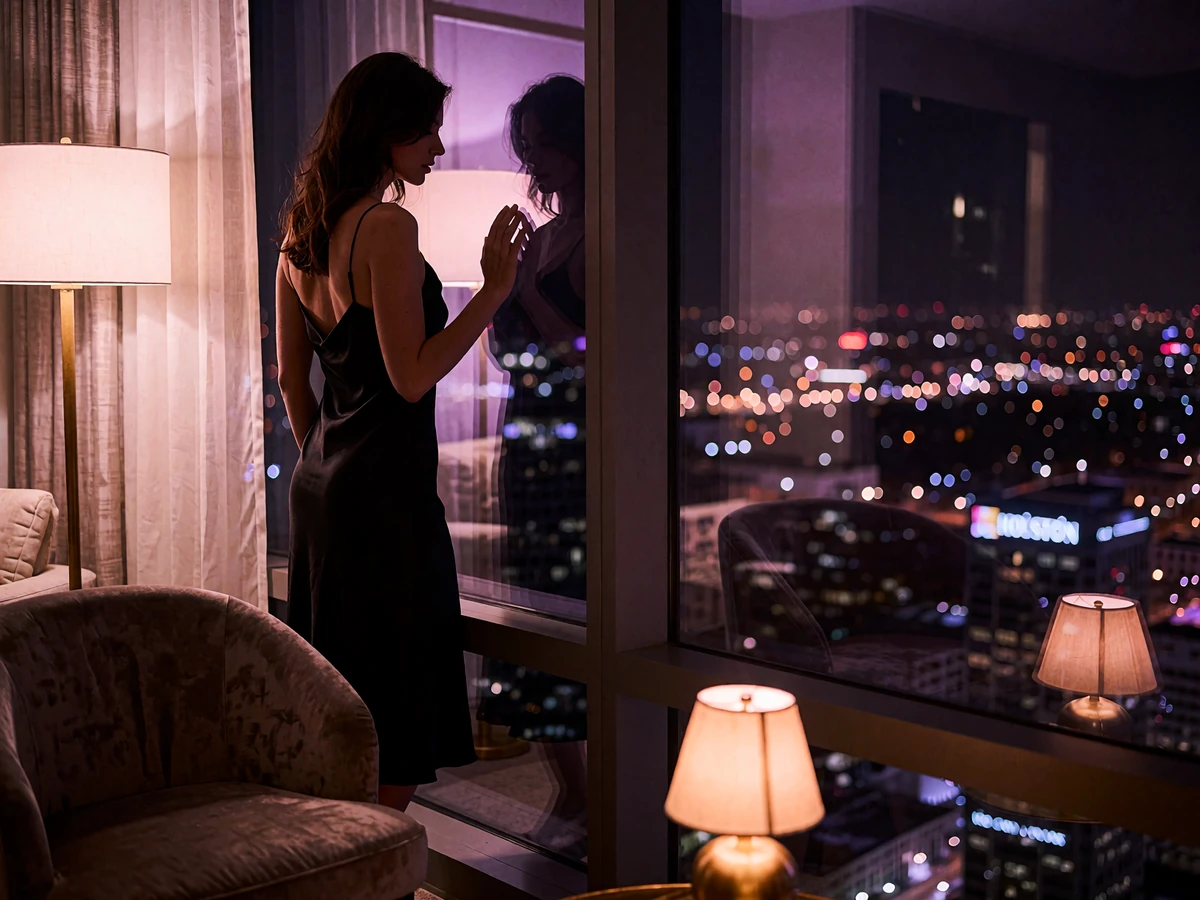 Woman in a black silk slip dress standing at a floor-to-ceiling window overlooking Houston city lights at night