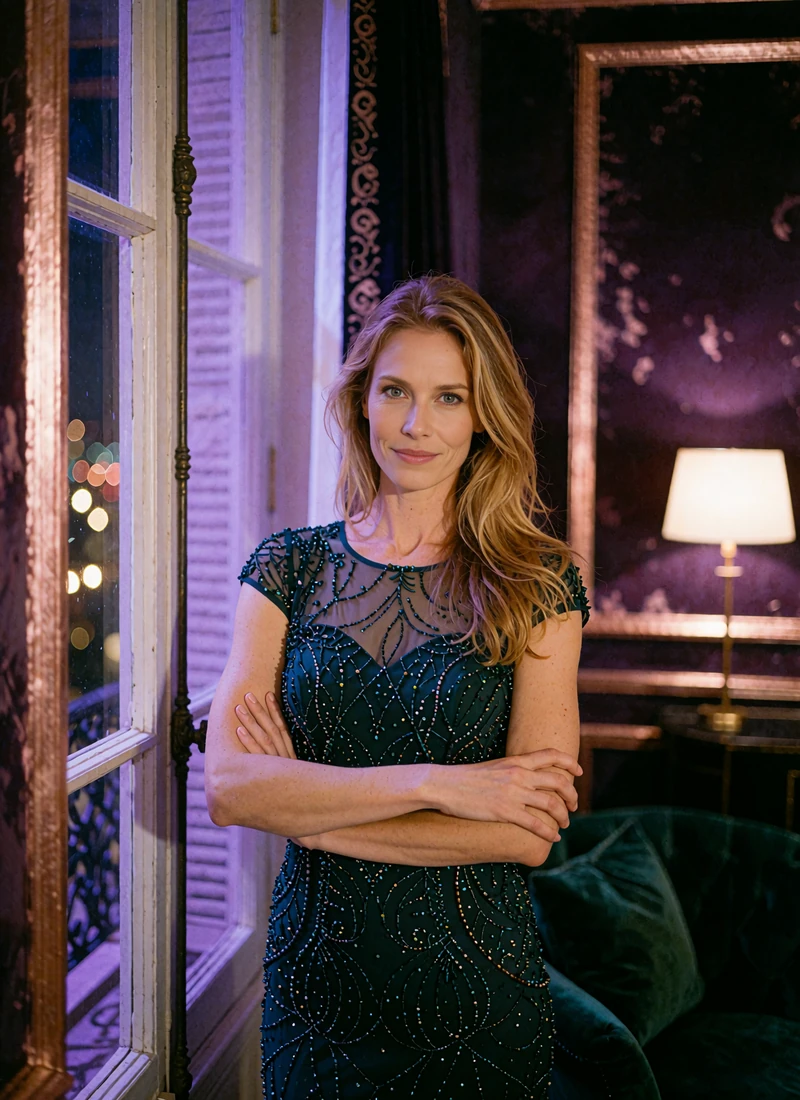 Blonde woman in a teal beaded cocktail dress beside a tall window with soft city lights behind her