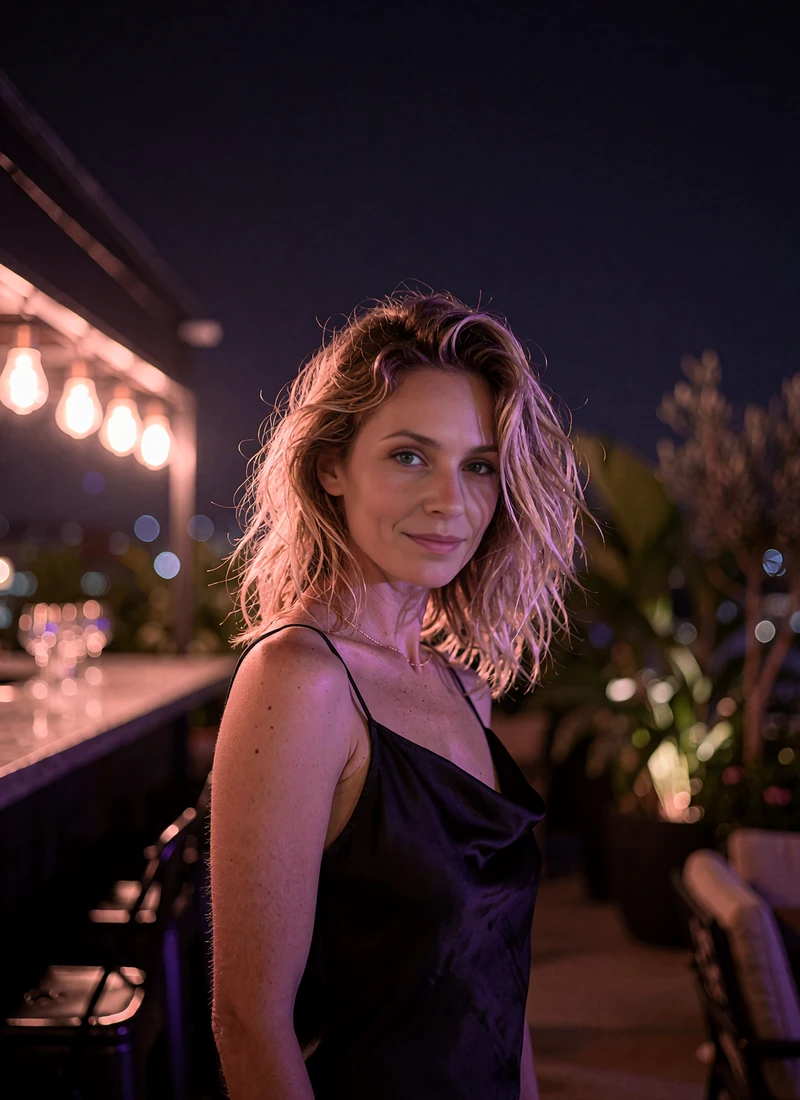 Woman in a black satin slip dress at a terrace bar with warm bokeh lighting in West Hollywood