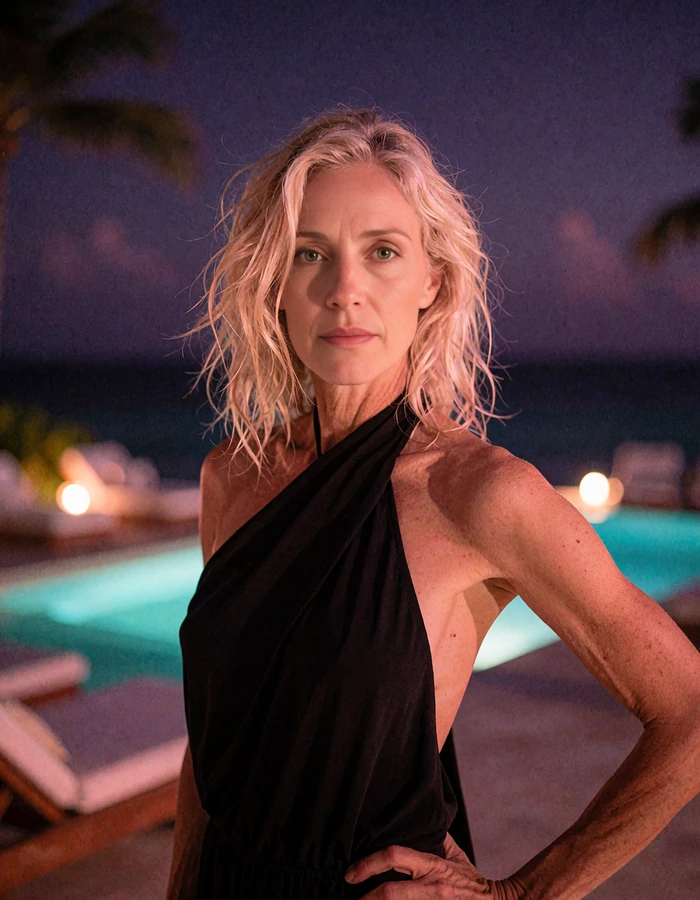 Fit woman in her forties with tousled blonde hair in a black halter dress at an oceanfront lounge in Miami