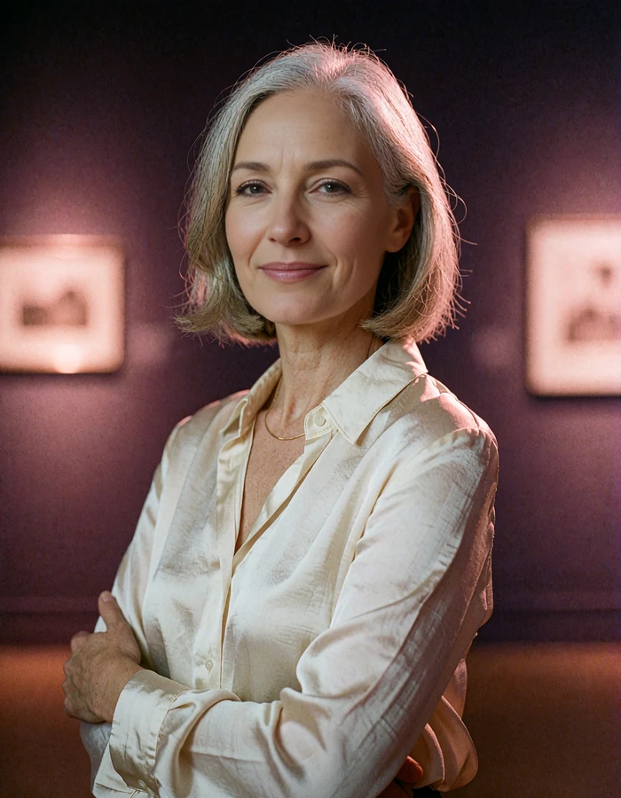 Graceful woman in her early fifties with a silver-streaked bob wearing an ivory silk blouse in a Miami gallery