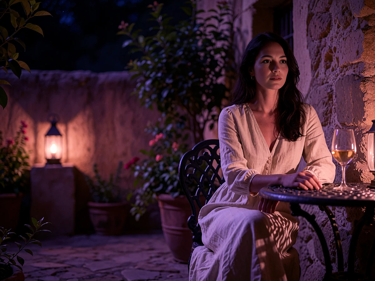 Woman in a cream linen dress seated at a wrought-iron table in a warm hacienda courtyard at night in San Antonio