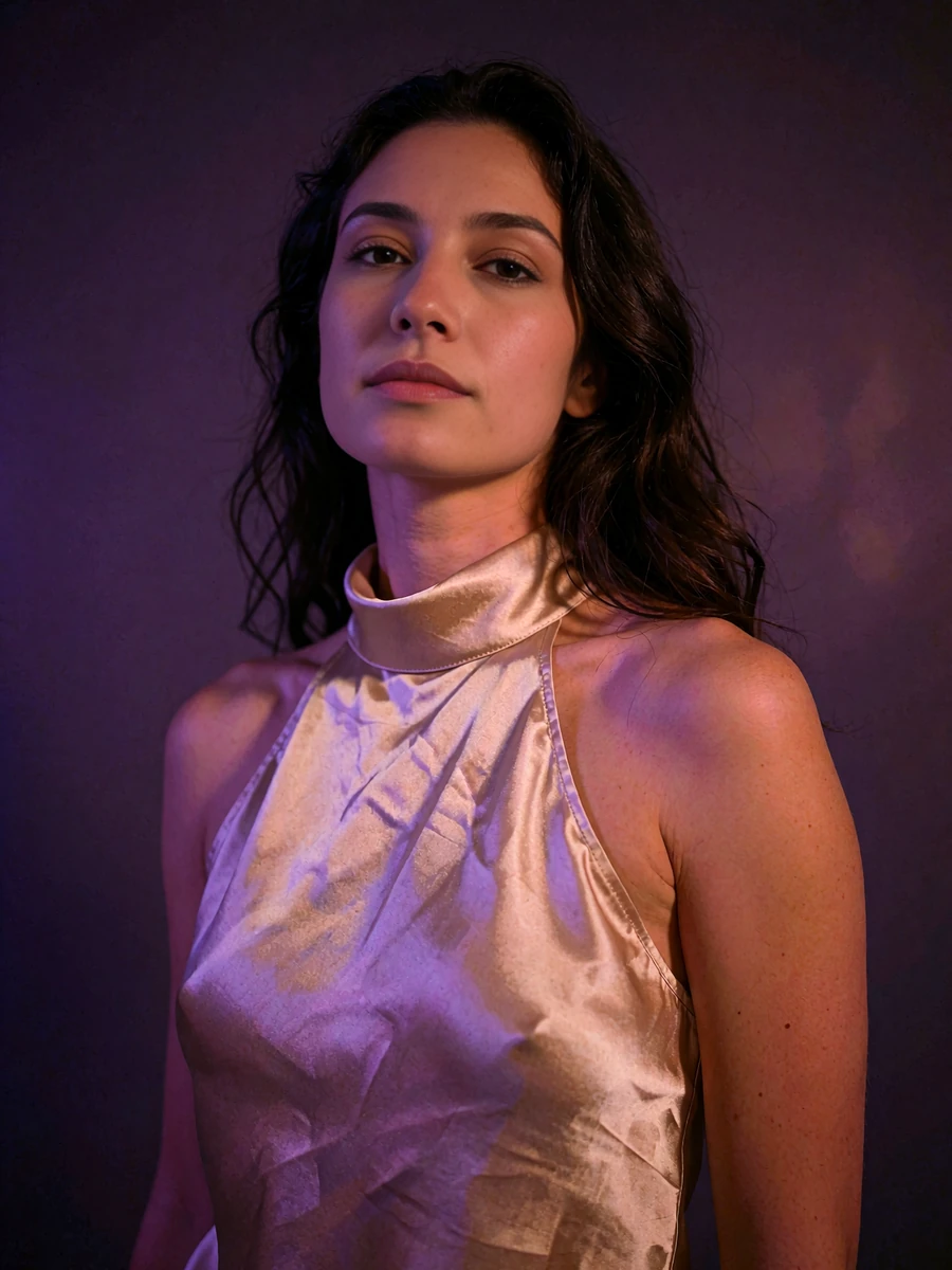 Woman with long dark waves in a champagne-gold silk halter top standing against a deep violet backdrop