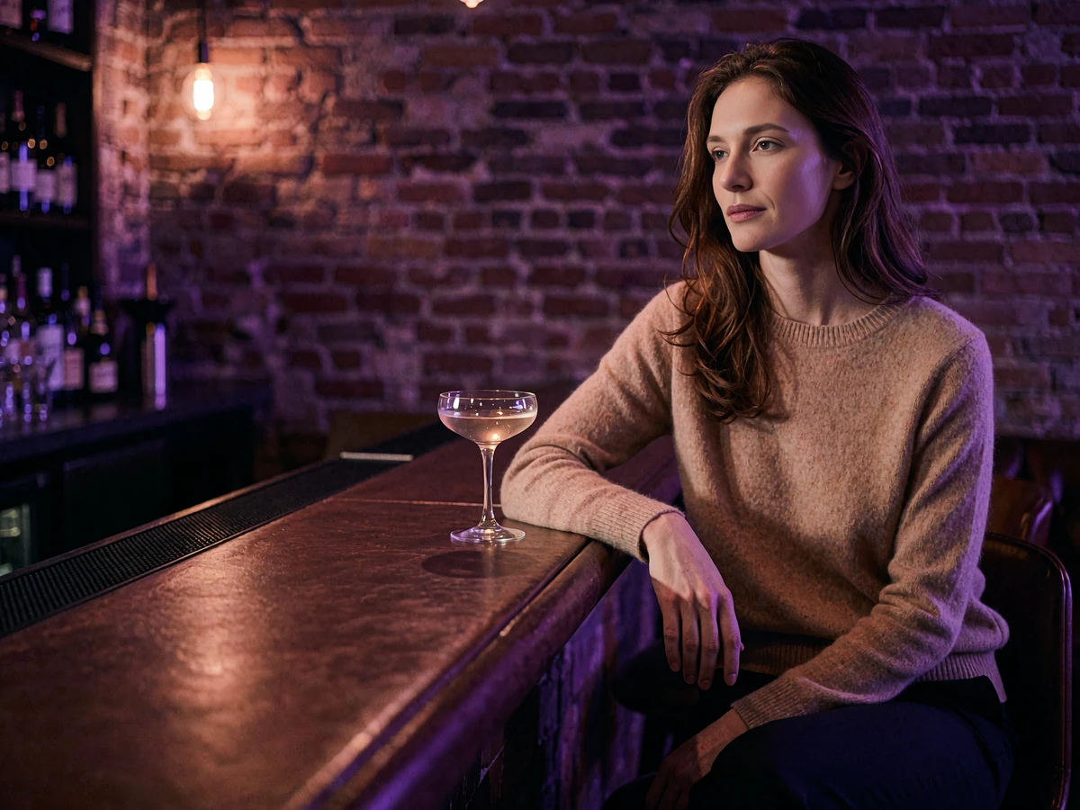 Woman in a camel cashmere sweater seated at a brick-walled Denver loft cocktail lounge with a coupe glass beside her