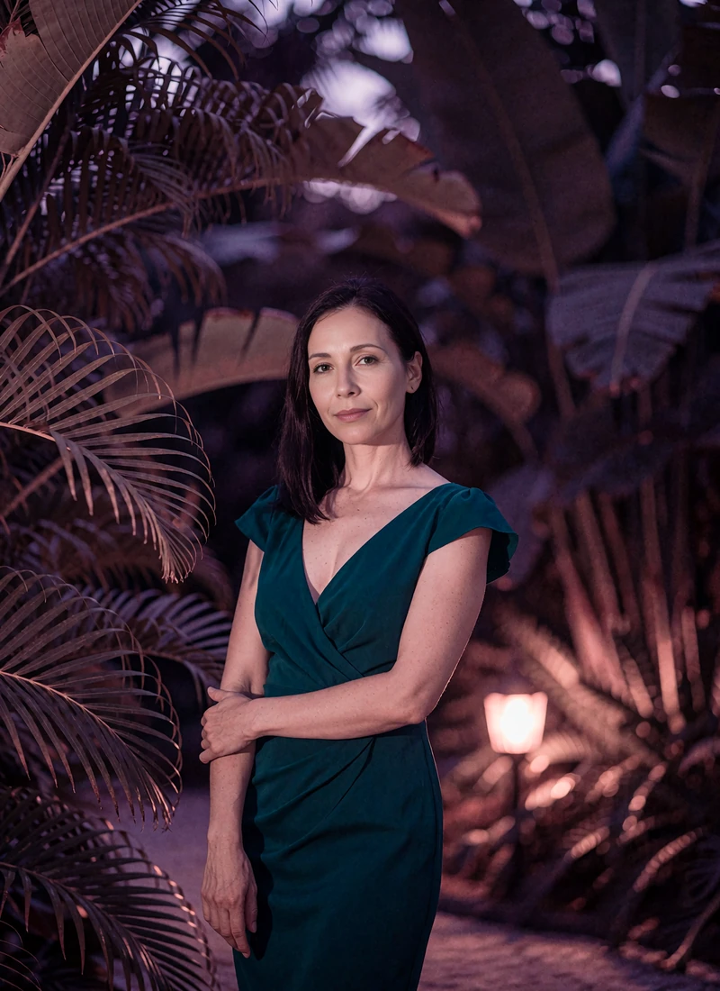 Woman with straight dark hair in a deep teal cocktail dress standing beside softly lit tropical foliage at night