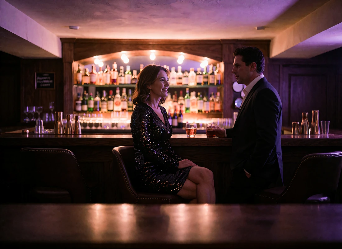 Couple seated at a hidden speakeasy-style cocktail bar with a dark walnut counter in Indianapolis