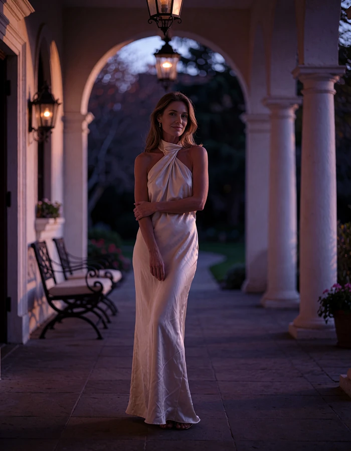 Woman with long light-brown hair in an ivory silk halter gown on a shadowed hotel veranda in Coronado