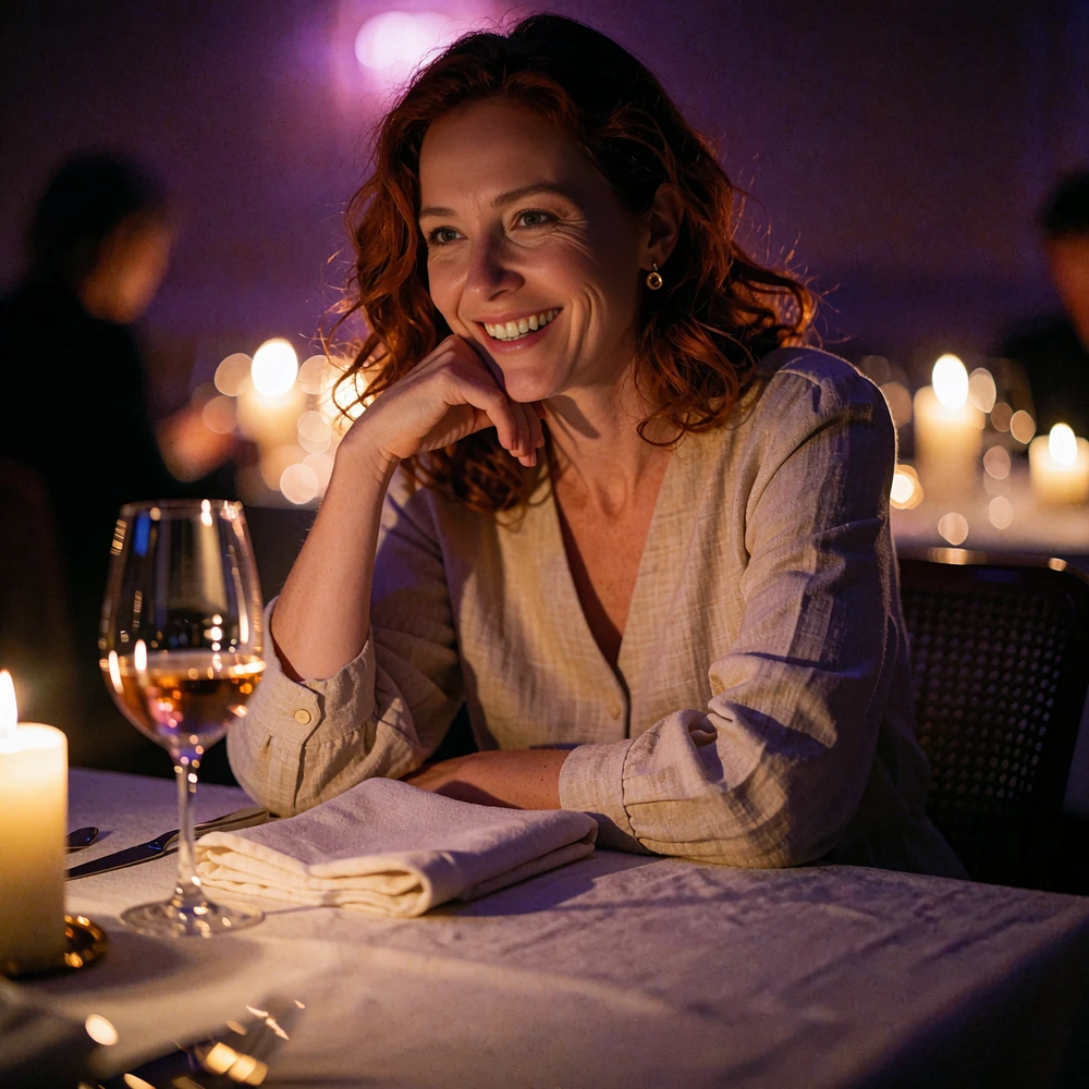 Woman with auburn waves laughing softly with her chin resting on her hand at a candlelit restaurant table