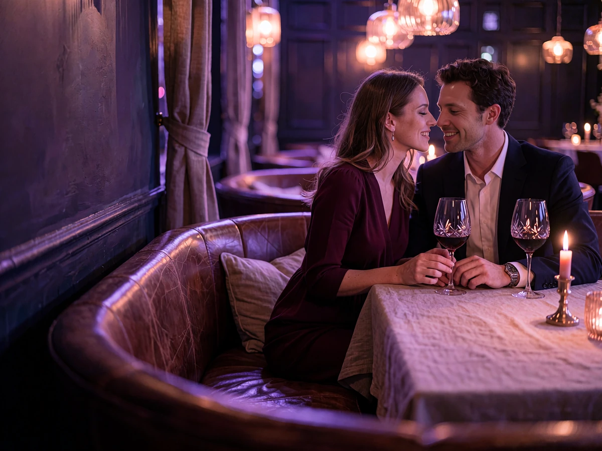 Couple sharing a candlelit dinner in a curved leather banquette at a dark-panelled Denver chophouse